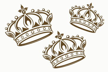 Multiple Gold crown icons set. flower shape top of the crown Illustration