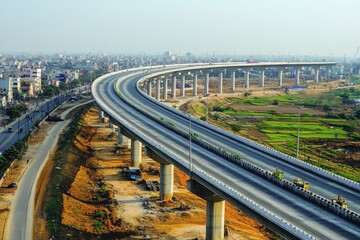 Fototapeta premium Elevated highway overpass in city. This photo shows a modern overpass designed to reduce traffic congestion.