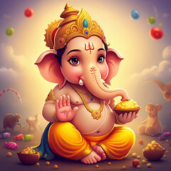 Naklejka premium Young Lord Ganesha with a joyful expression, holding a bowl of sweets, surrounded by festive colors, embodying innocence and happiness