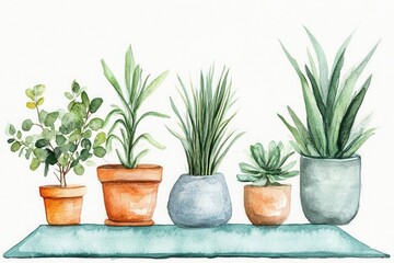 Obraz premium Simple watercolor of a yoga mat and plants, isolated on white, rest, watercolor, minimalist