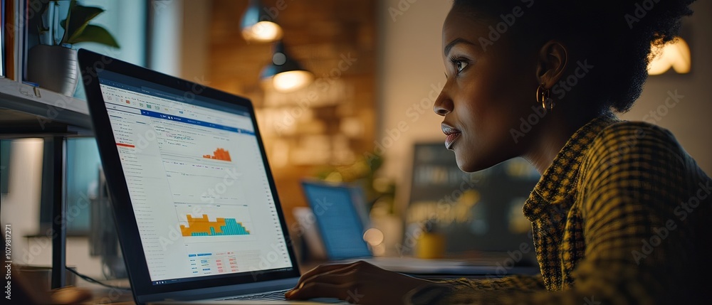 Poster focused professional analyzing data charts on laptop in modern workspace, highlighting analytics and