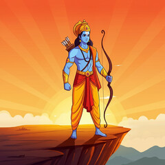 Lord Rama with a bow, standing majestically on a cliff at sunset, representing his dedication to righteousness and protection of dharma