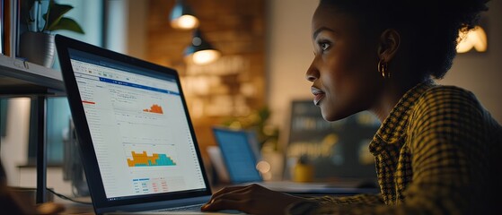 Focused professional analyzing data charts on laptop in modern workspace, highlighting analytics and productivity during a late work session.