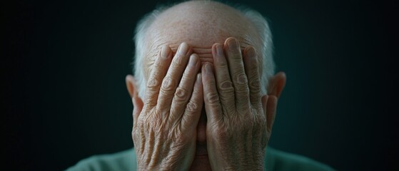 Fototapeta premium Elderly person covering face with hands in distress