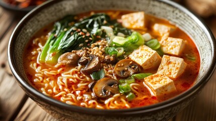 Spicy ramen noodles with tofu. Perfect for illustrating a delicious and healthy meal.