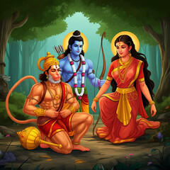 Fototapeta premium Lord Rama and Sita seated in a forest with Lord Hanuman kneeling in reverence, symbolizing devotion, loyalty, and divine love