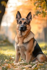 Fototapeta premium Majestic german shepherd dog sitting in autumn leaves
