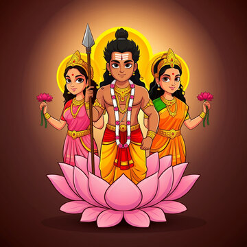 Lord Kartikeya with his consorts Valli and Devasena, standing on a lotus with a radiant halo, symbolizing love, unity, and divine protection