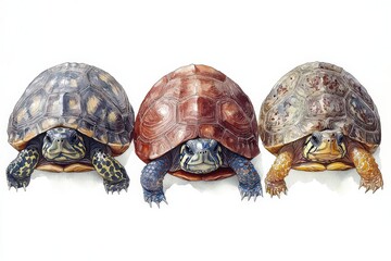 Obraz premium Three colorful tortoises with distinct shell patterns and textures.