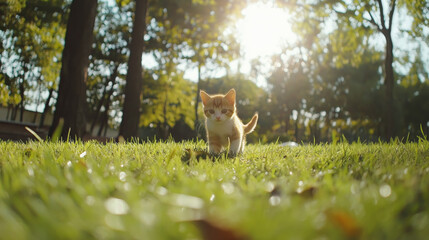 Fototapeta premium Cute brown Scottish kitten walking and playing on lawn in park in morning. Scottish kitten mixed with Thai cat. cute and naughty of kitten or cat concept. pet animal. 