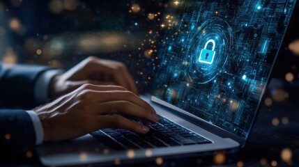A person typing on a laptop with a digital padlock symbol, emphasizing cybersecurity.