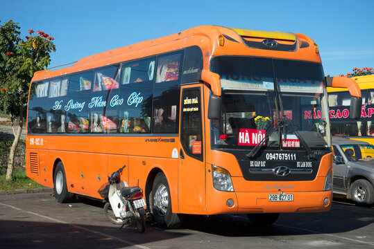 DALAT, VIETNAM - DECEMBER 28, 2015: Hyundai sleeper bus arriving from Hanoi. Dalat City Bus Station