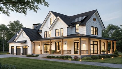 Modern Farmhouse With Elegant White Exterior and Inviting Porch at Dusk. Generative AI