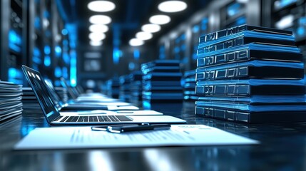 A sleek corporate office with a desk in sharp focus displaying business documents