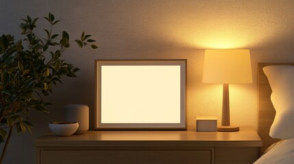Digital photo frame display nightstand product image cozy bedroom close-up home decor