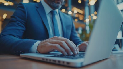 Focused shot of a corporate executive typing on a laptop