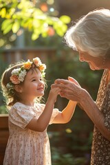 Obraz premium Joyful moments between a grandmother and granddaughter in a sunlit garden, sharing love and laughter, adorned with flowers and warm emotions.