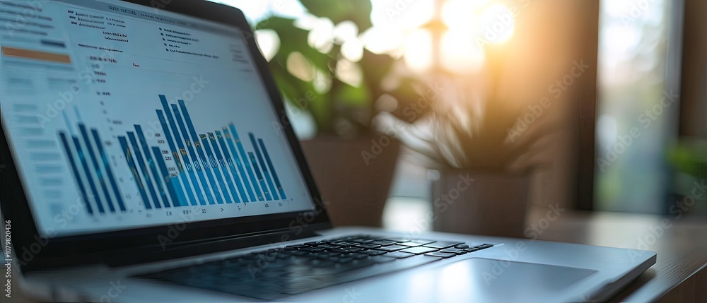 Poster modern laptop displaying financial data graphs and charts in a cozy workspace with sunlight streamin