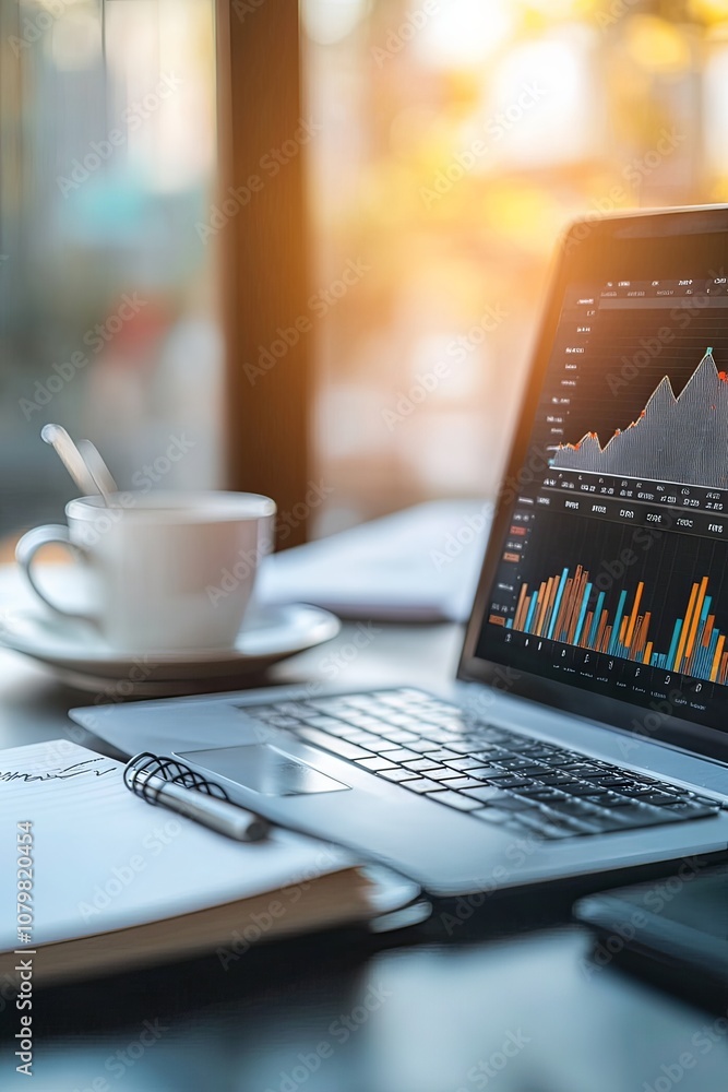 Poster modern laptop displaying financial graphs and data analytics, with a cup of coffee and notepad in a 