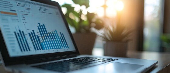 Modern laptop displaying financial data graphs and charts in a cozy workspace with sunlight streaming through plants, ideal for business and finance themes.