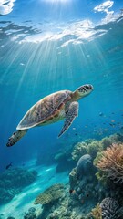 Obraz premium A Graceful Sea Turtle Gliding Through Crystal Clear Ocean Waters Under Sunlit Rays. Generative AI