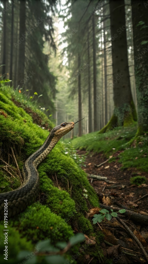 Poster a snake slithers through a lush green forest path surrounded by tall trees. generative ai
