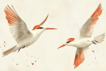 Obraz premium Two elegant birds with white bodies and orange-tipped wings in flight against a soft background.