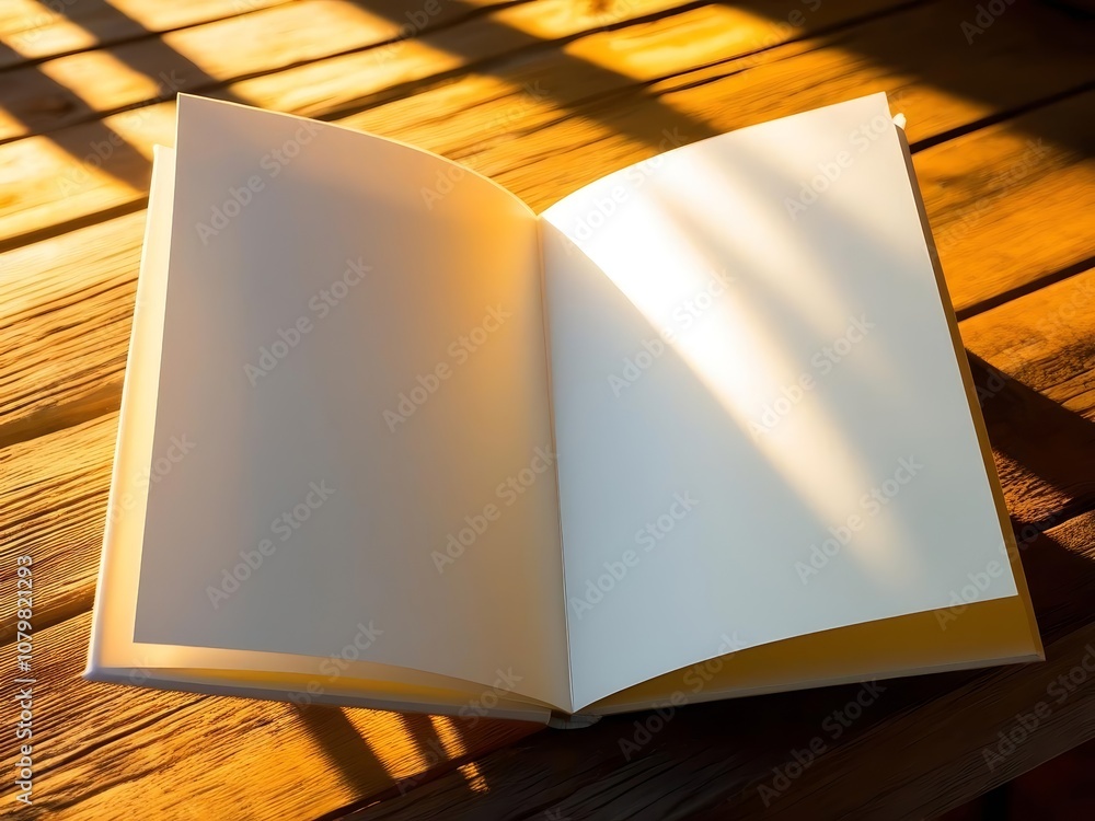Poster growth self-awareness concept. an open blank notebook rests on a wooden surface, illuminated by natu