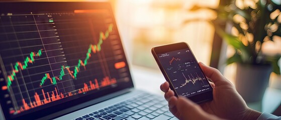 Person analyzing stock market trends on a laptop and smartphone, showcasing financial data graphs and charts with a warm, sunlit background.