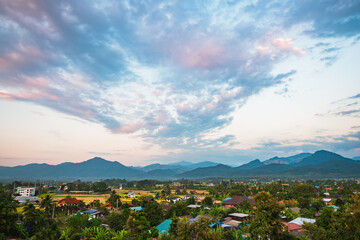 Dramatic Scenic View of Pua District, Nan Province, Thailand in the Evening