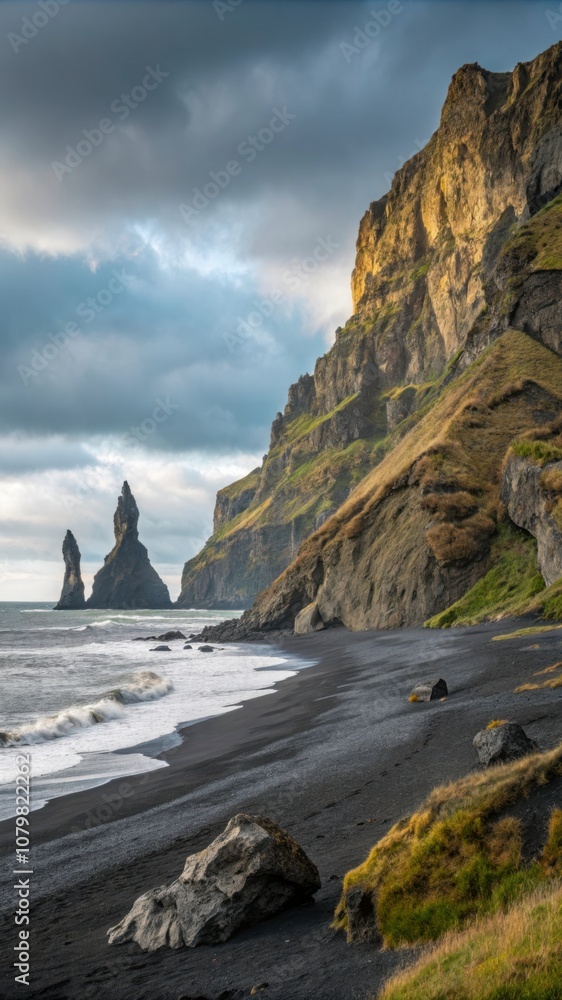 Poster stunning view of the troll toes rock formations on a serene beach during cloudy daylight. generative