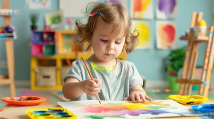 Young child learning about colors with watercolor paints on paper, brightly colored palettes around, set in an art-focused educational space, clear light, realistic photo 