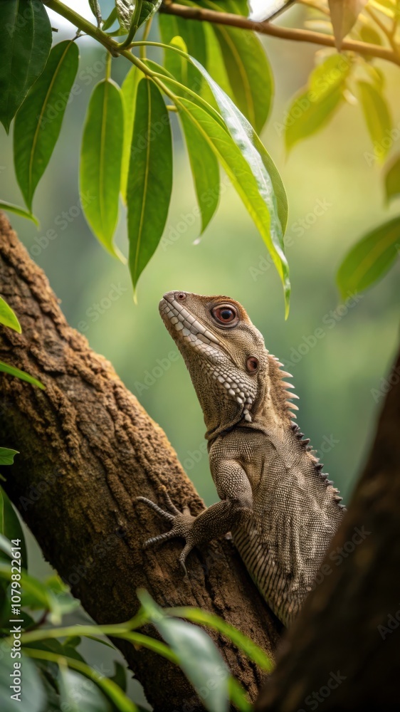 Poster close-up view of a reptile resting on a tree branch surrounded by green leaves during daylight. gene