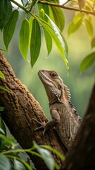 Obraz premium Close-up View of a Reptile Resting on a Tree Branch Surrounded by Green Leaves During Daylight. Generative AI