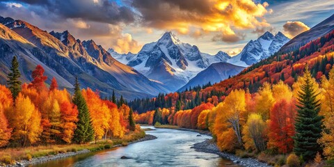 Obraz premium Autumnal Tapestry of Golden and Crimson Trees Adorned Against a Majestic Mountain Range With a River Winding Through the Valley
