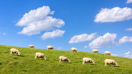 Obraz premium Peaceful Flock of Sheep Grazing on Rolling Hillside Landscape with Blue Sky and Fluffy Clouds