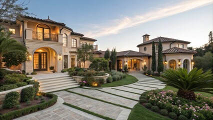 Naklejka premium Luxurious Villa Exterior With Lush Landscaping and Elegant Design at Sunset in a Serene Location. Generative AI