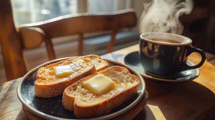 Sunlit morning by the window with a steaming coffee and buttery toast, capturing a cozy start to the day