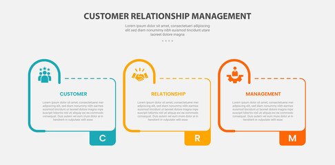 CRM customer relationship management infographic outline style with 3 point template with creative table box with half circle round on header for slide presentation