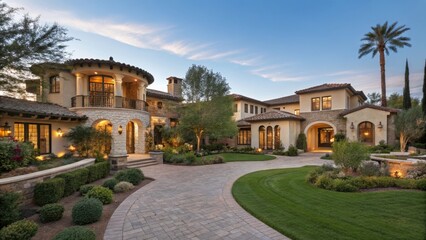 Obraz premium Explore a Stunning Luxury Exterior of a Mediterranean-style Mansion at Dusk. Generative AI