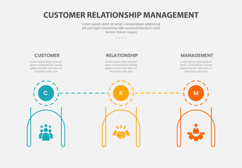 CRM customer relationship management infographic outline style with 3 point template with circle badge on top and creative line container at bottom for slide presentation