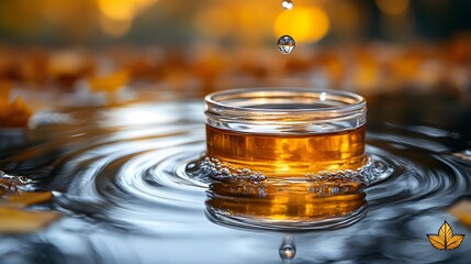 Close-Up of a Droplet Falling into a Glass Jar Surrounded by Rippling Water and Autumn Leaves Creating a Serene and Tranquil Nature Scene