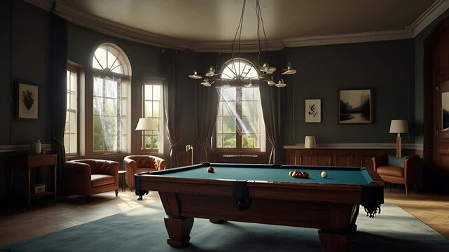 A room with a billiard table. Seamless 4K looping timelapse video animation background