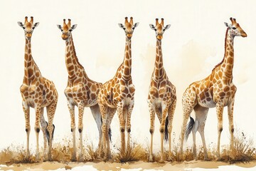 Obraz premium Four giraffes standing in a row against a light background.