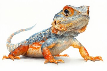 Obraz premium A colorful lizard with vibrant blue and orange patterns, posed against a white background.