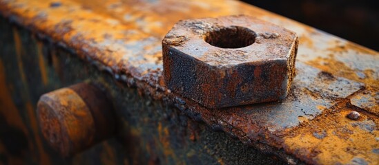 A rusty nut and bolt on a corroded metal surface.