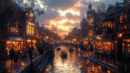 Fototapeta premium Evening Canal with City Lights