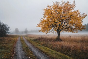 Fototapeta premium A lone tree with golden leaves stands on a path leading through a foggy meadow.