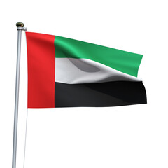 United Arab Emirates flag on a pole waving isolated on white background
