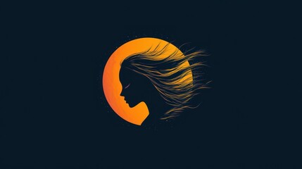 Naklejka premium Silhouette of a Woman with Wavy Hair in Front of a Yellow Moon